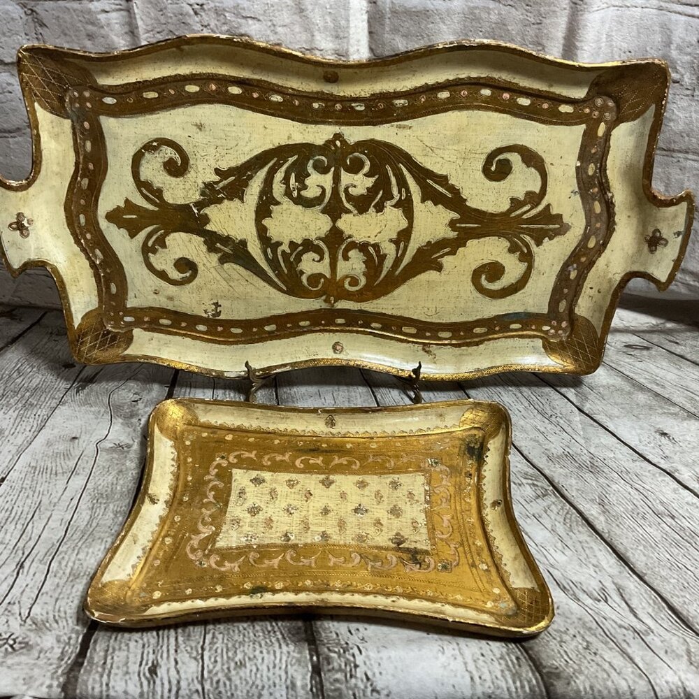 Vintage Italian Gold & Cream Decorative Wooden Trays Set Of 2 Shabby Decor